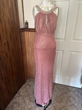 Fawn Design Dusty Rose Beaded Halter Backless Gown